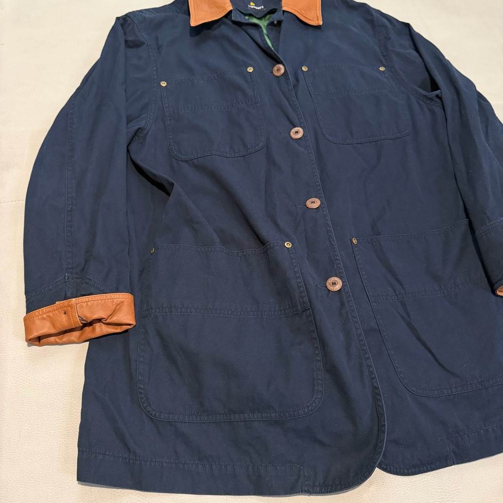 VTG 90s‎  Navy Barn Field Jacket Chore Leather Trim Collar Y2K Women-M-6130 - Picture 9 of 10